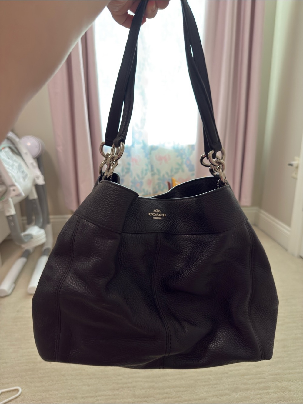 Coach Black Pebbled Leather Shoulder Bag with Double Straps. Authentic